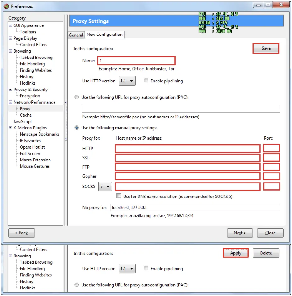 Как настроить прокси в браузере K-Meleon