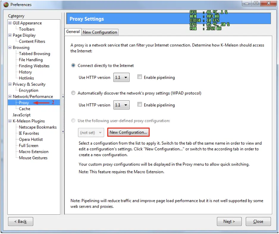 Как настроить прокси в браузере K-Meleon