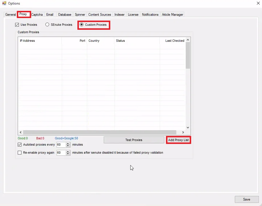 Настройка прокси в программе SEnuke